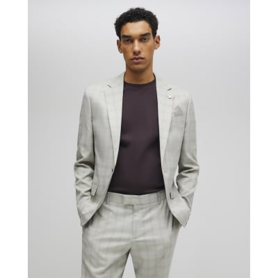 Beige Skinny Fit Stretch Check Suit Jacket