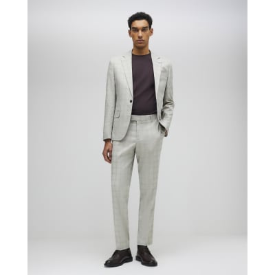 Beige Skinny Fit Stretch Check Suit Trousers