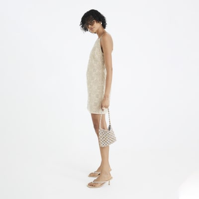 Beige Sleeveless Embellished Mini Cami Dress