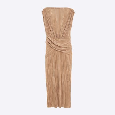 Beige Sleeveless Plisse Wrap Waist Midi Dress | River Island