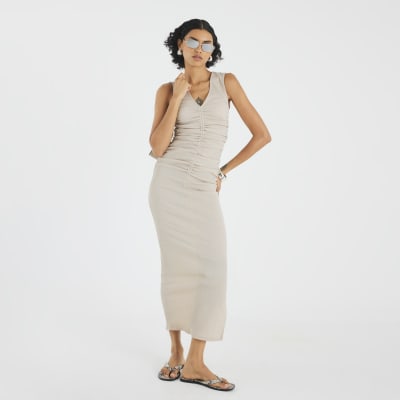 Beige Sleeveless Ruched Textured Midi Dress