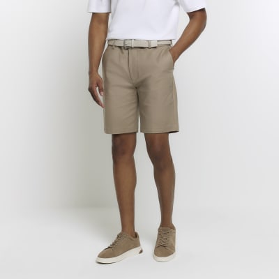 Beige slim fit belted chino shorts River Island