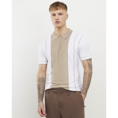 Beige Slim Fit Block Stripe Knit Polo Shirt