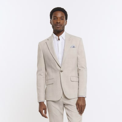 Beige slim fit check suit jacket
