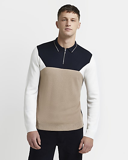 Beige slim fit colour block knit polo shirt