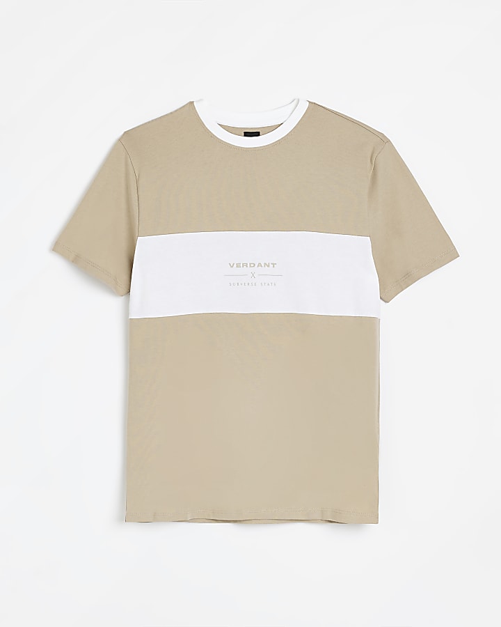 Beige Slim fit colour block t-shirt