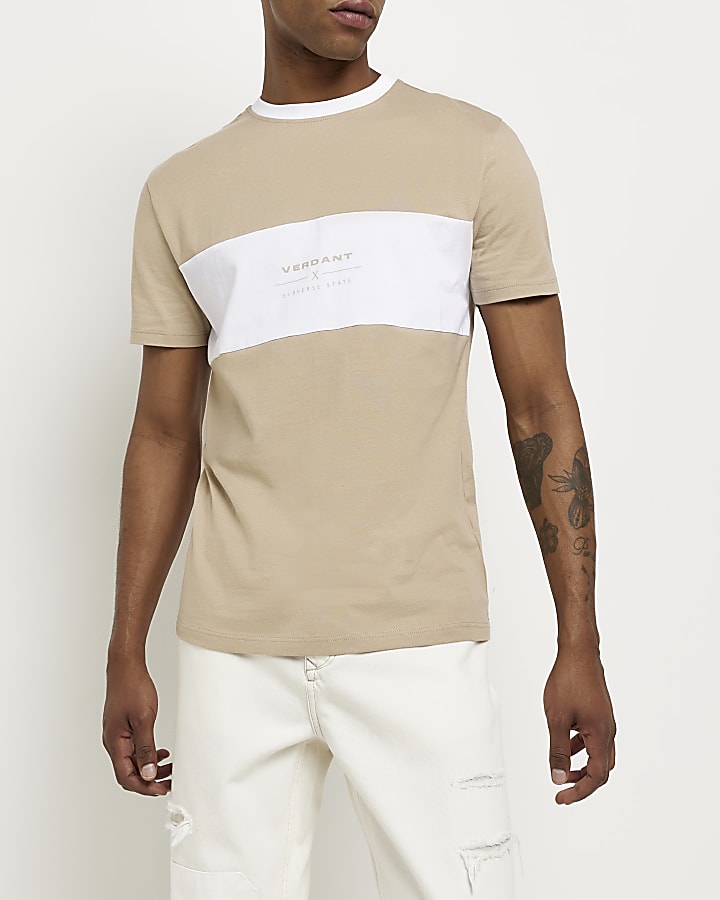 Beige Slim fit colour block t-shirt
