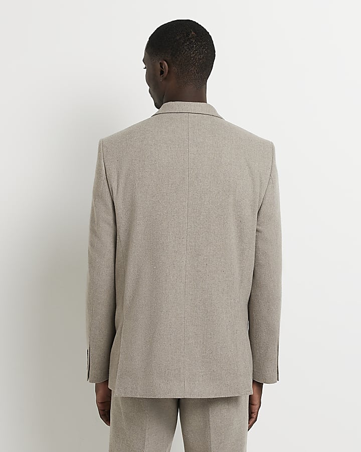 Beige slim fit double breasted suit jacket