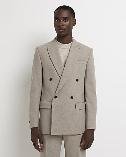 Beige slim fit double breasted suit jacket