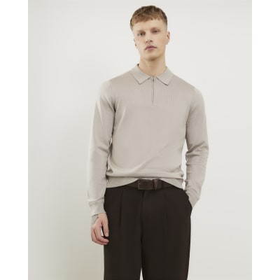 Beige Slim Fit Essential Knit Zip Polo Shirt