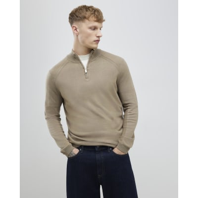Beige Slim Fit Half Zip Jumper