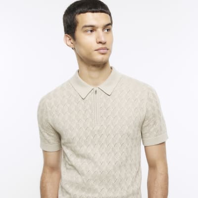 Beige slim fit knitted stitch polo shirt River Island