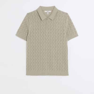 Beige slim fit knitted stitch polo shirt River Island
