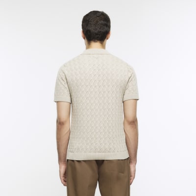 Beige slim fit knitted stitch polo shirt River Island