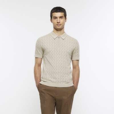 Beige slim fit knitted stitch polo shirt River Island