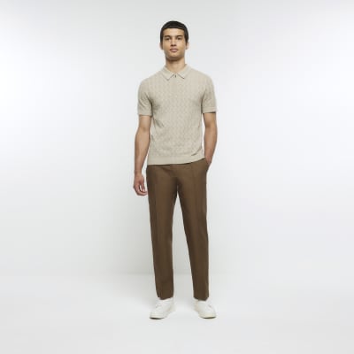 Beige slim fit knitted stitch polo shirt River Island