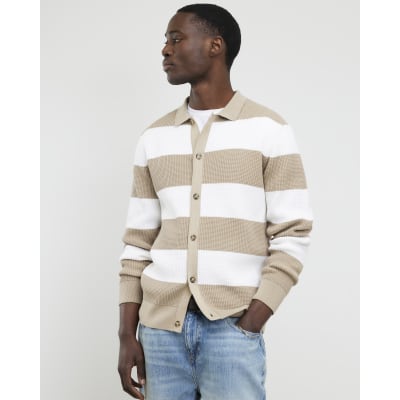 Beige Slim Fit Knitted Stripe Cardigan