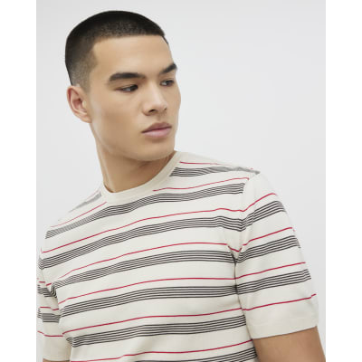 Beige Slim Fit Knitted Stripe T-Shirt
