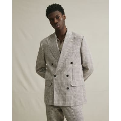 Beige Slim Fit Linen Blend Check Jacket