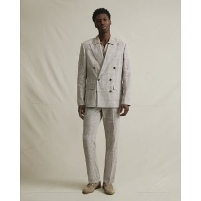 Beige Slim Fit Linen Blend Check Trousers
