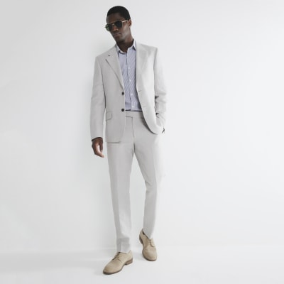 Beige slim fit linen blend suit trousers