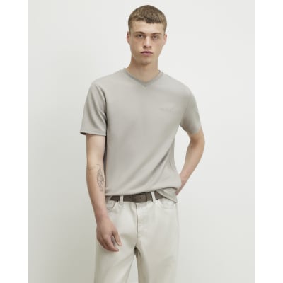 Beige Slim Fit Midweight V Neck T-Shirt