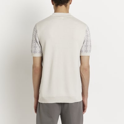 Beige Slim fit Print knitted Polo shirt