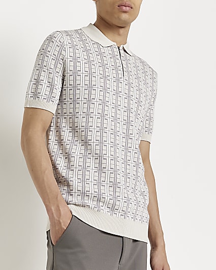 Beige Slim fit Print knitted Polo shirt