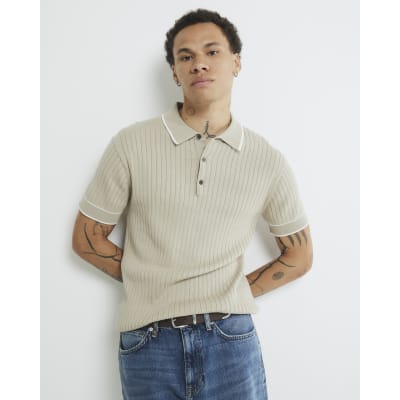 Beige Slim Fit Ribbed Polo Shirt