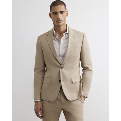 River Island Beige Slim Fit Stretch Textured Suit Jacket