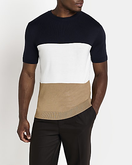 Beige Slim fit stripe Knitted t-shirt