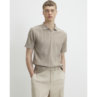 Beige Slim Fit Textured On Polo Shirt