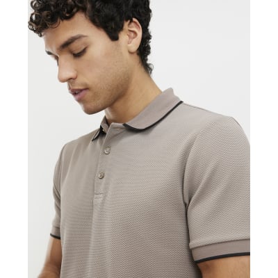 Beige Slim Fit Textured Tipped Polo Shirt