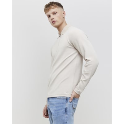 Beige Slim Fit Textured Zip Neck Polo Shirt
