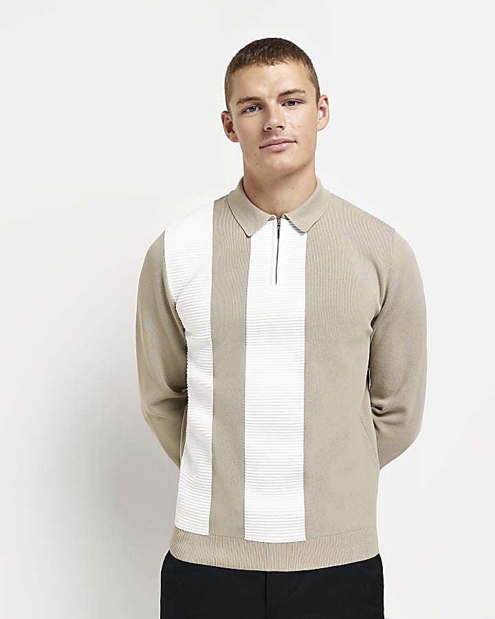 Beige Slim fit zip knitted Polo shirt
