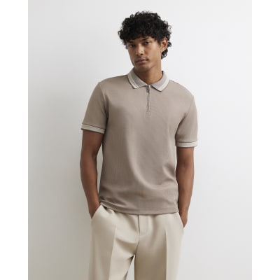 Beige Slim Fit Zip Neck Waffle Polo Shirt