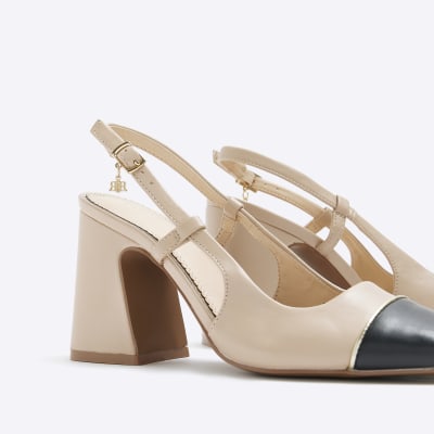 Beige sling back toe cap court shoes
