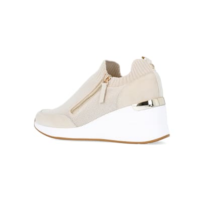360 degree animation of product Beige slip on wedge trainers frame-5