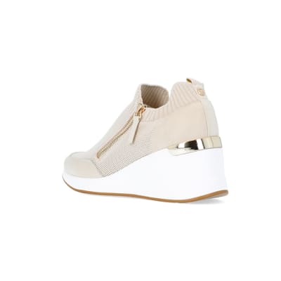 360 degree animation of product Beige slip on wedge trainers frame-6