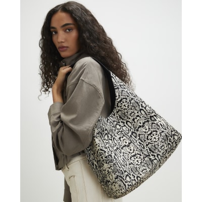 Beige Snake Hair on Leather Shoulder Bag