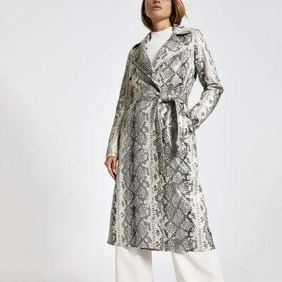 Beige snake print belted waist trench coat