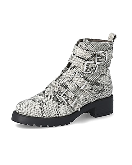 360 degree animation of product Beige snake print buckle chunky ankle boots frame-1