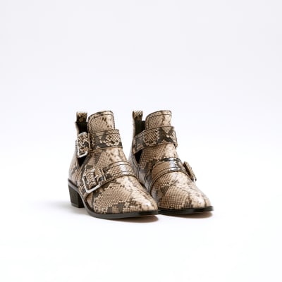 Heeled Beige Faux Snake Ankle Boot Beige Snake Print Buckle