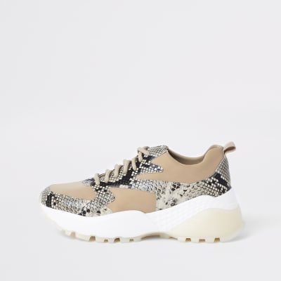 Beige snake print lace-up runner trainers