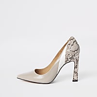Beige snake print panel court shoes
