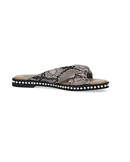 360 degree animation of product Beige snake print pearl studded sandals frame-16