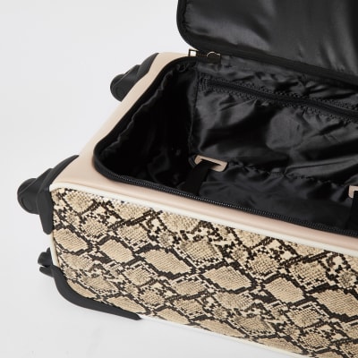 Beige snake printed four wheel suitcase