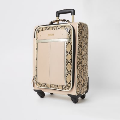 Beige snake printed four wheel suitcase