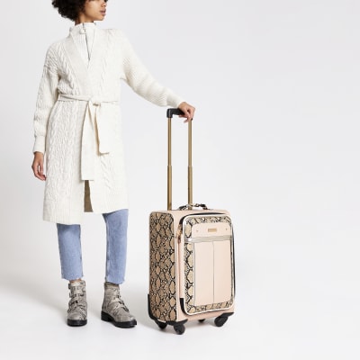 Beige snake printed four wheel suitcase