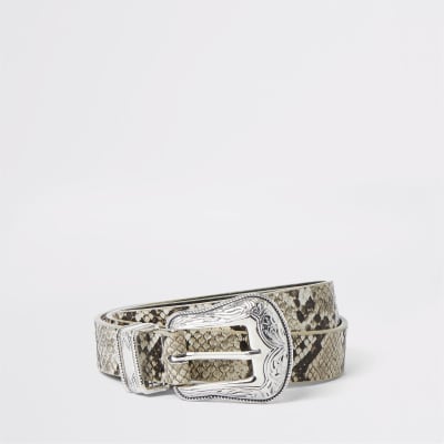 Beige snakeskin print buckle belt